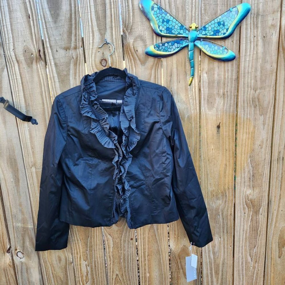 Black Ruffle Evening Jacket Kenner Black NWT Hook Loop Closure Dressy Blazer